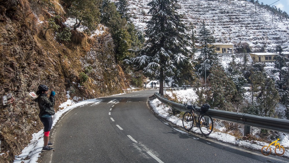 snow while cycling in Garhwal in February 